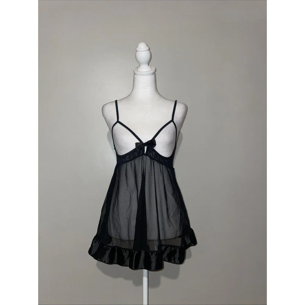 Rene Rofe Babydoll M/L Black Sheer Mesh Chemise Satin Ruffle Bow Lingerie